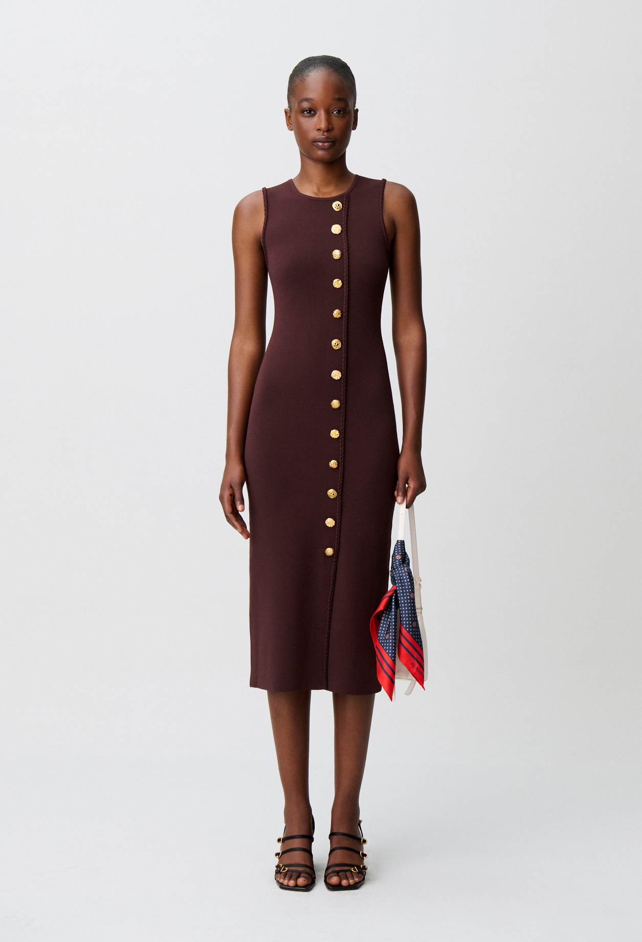 Claudie - Robe midi maille boutons dorés - Marron - Taille 2 - Pour Femme