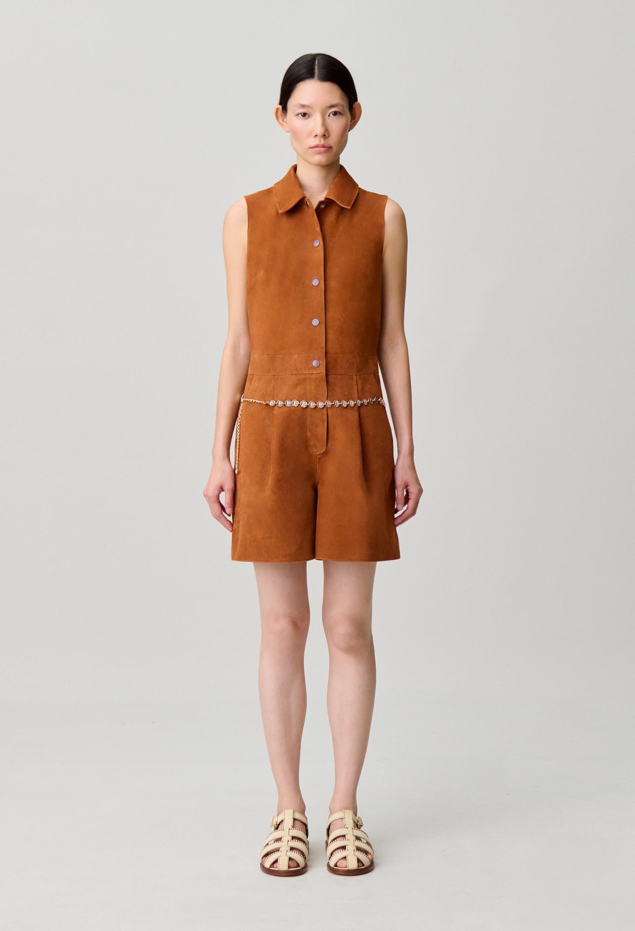 Combinaison cuir sans manches - Femme - Camel - Taille 36 - Claudie Pierlot