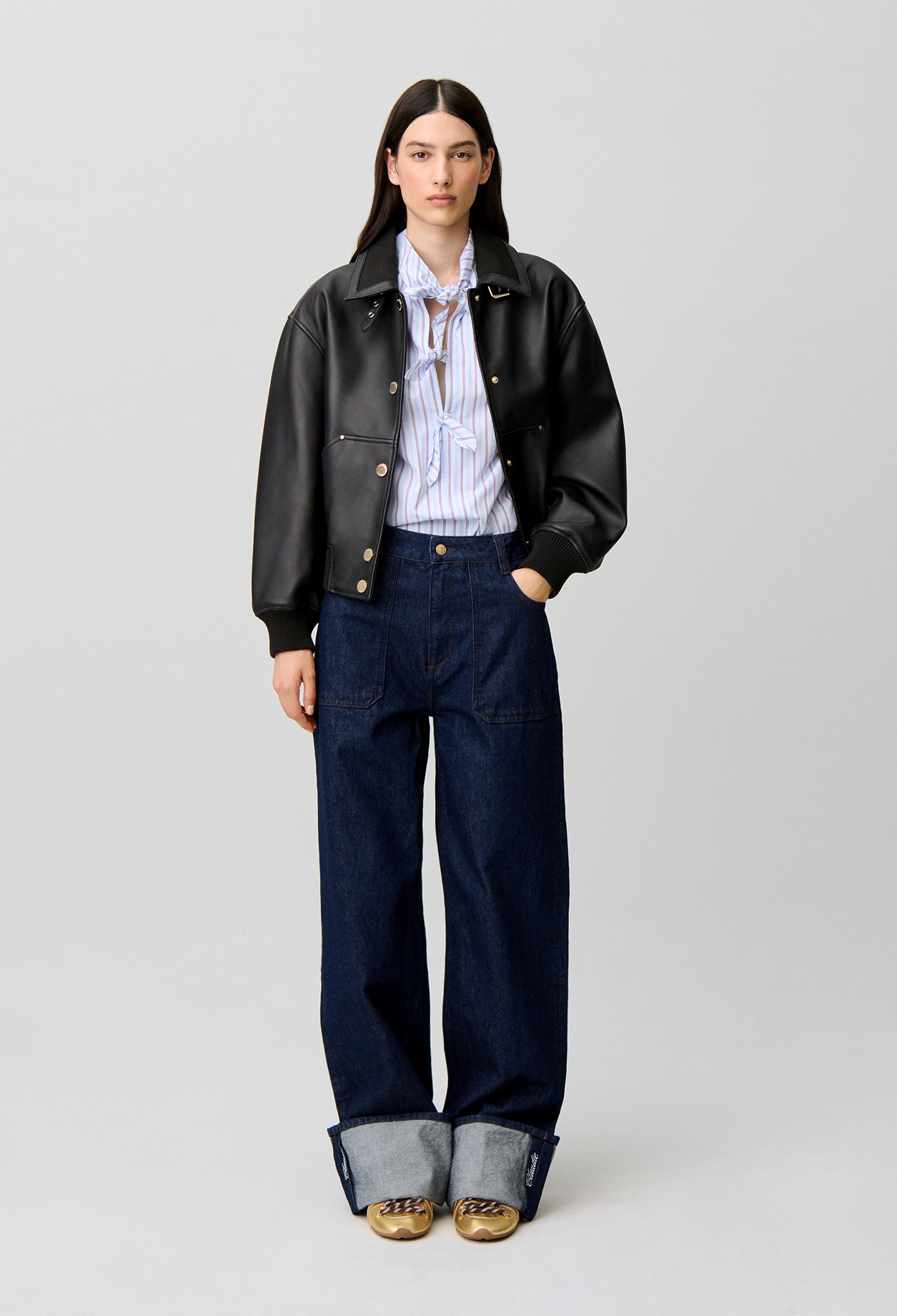 Claudie - Jean jambes larges denim revers brodé - Denim Brut - Taille 42 - Pour Femme